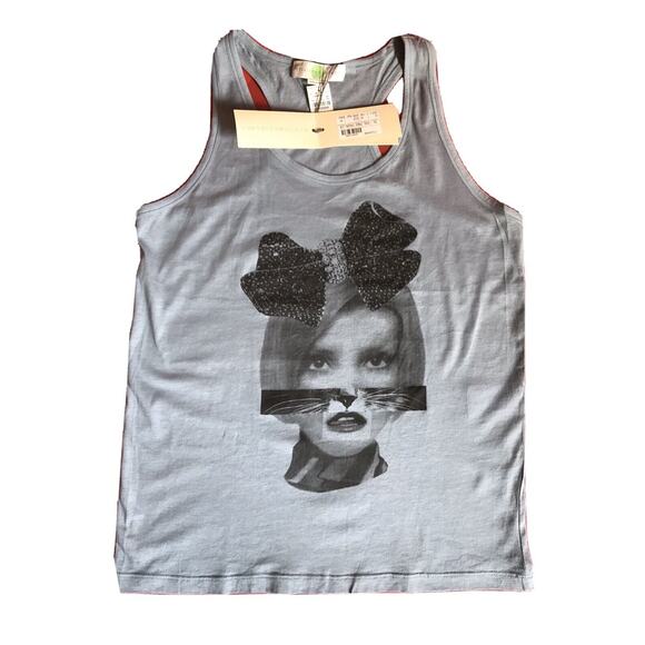 NWT STELLA McCARTNEY SLEEVELESS TANK TOP Bow Cat Lady graphic print Sz 44 Large - Picture 1 of 4